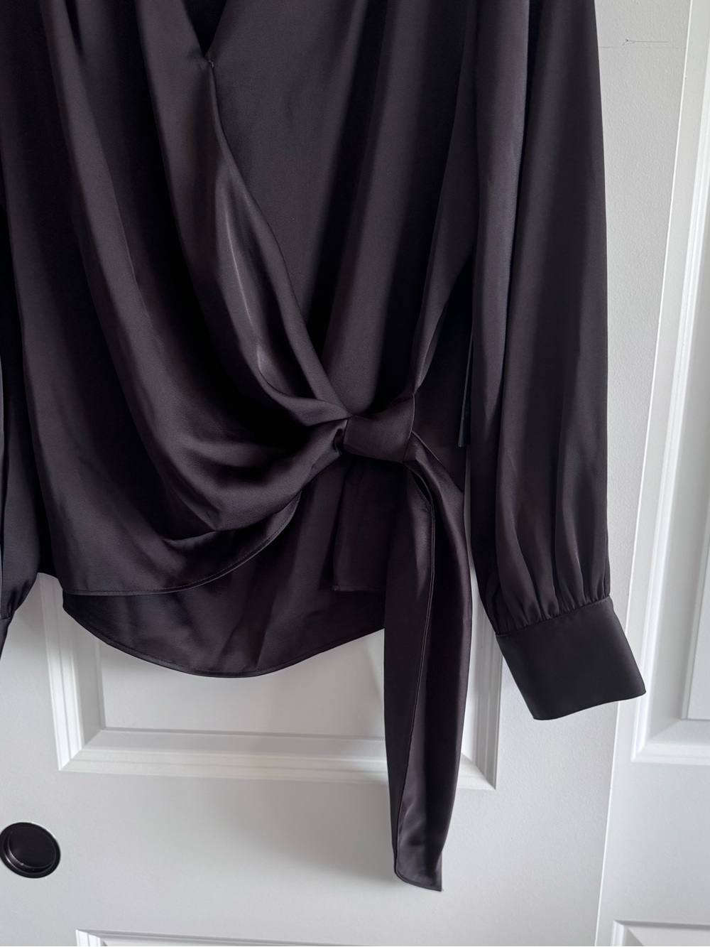 Donna Karan Black Satin faux Wrap Blouse with Side Tie - Picture 5 of 14